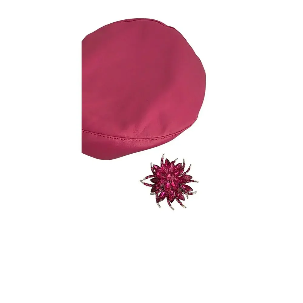 NEW Faux Leather Beret Hat Womens Hot Pink Detachable Crystal Brooch Pin 56-58cm